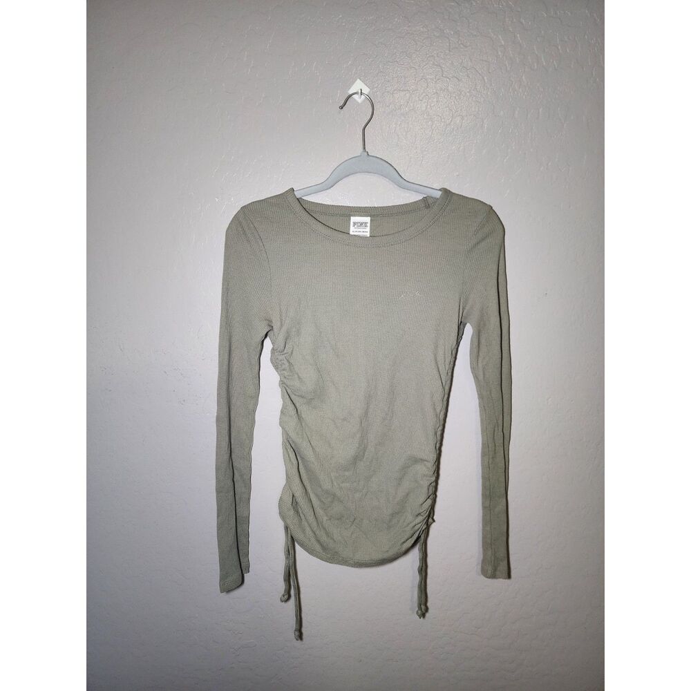 Victoria’s Secret Pink xs Long Sleeve Ruched Waffle Knit Top Sage Green
